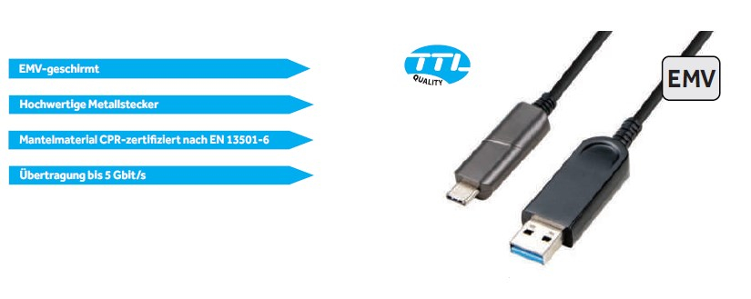 TTL USB-C Hybrid Kabel (AOC) - USB-C auf USB-A, schwarz, 15m